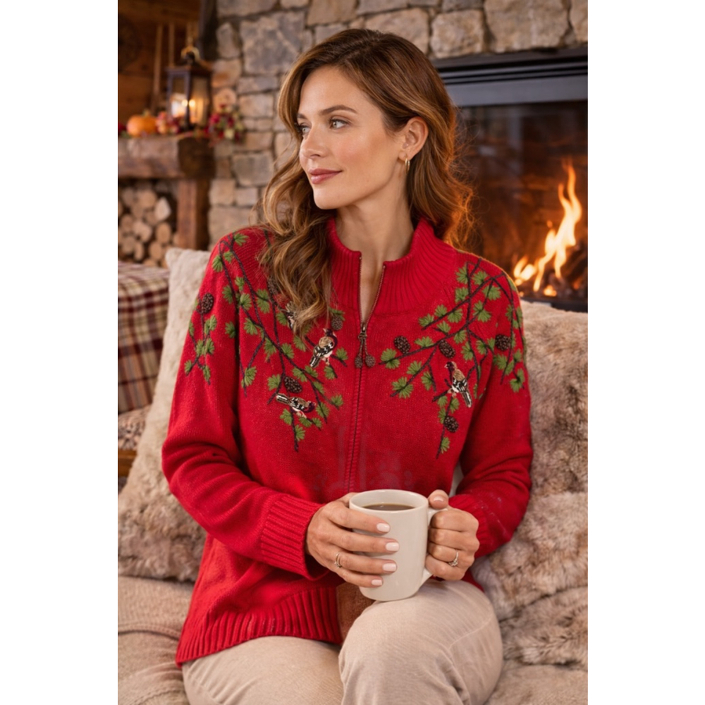 Coldwater Creek Red Bird Embroidered Zip Sweater Women’s Medium Cottagecore Fall
